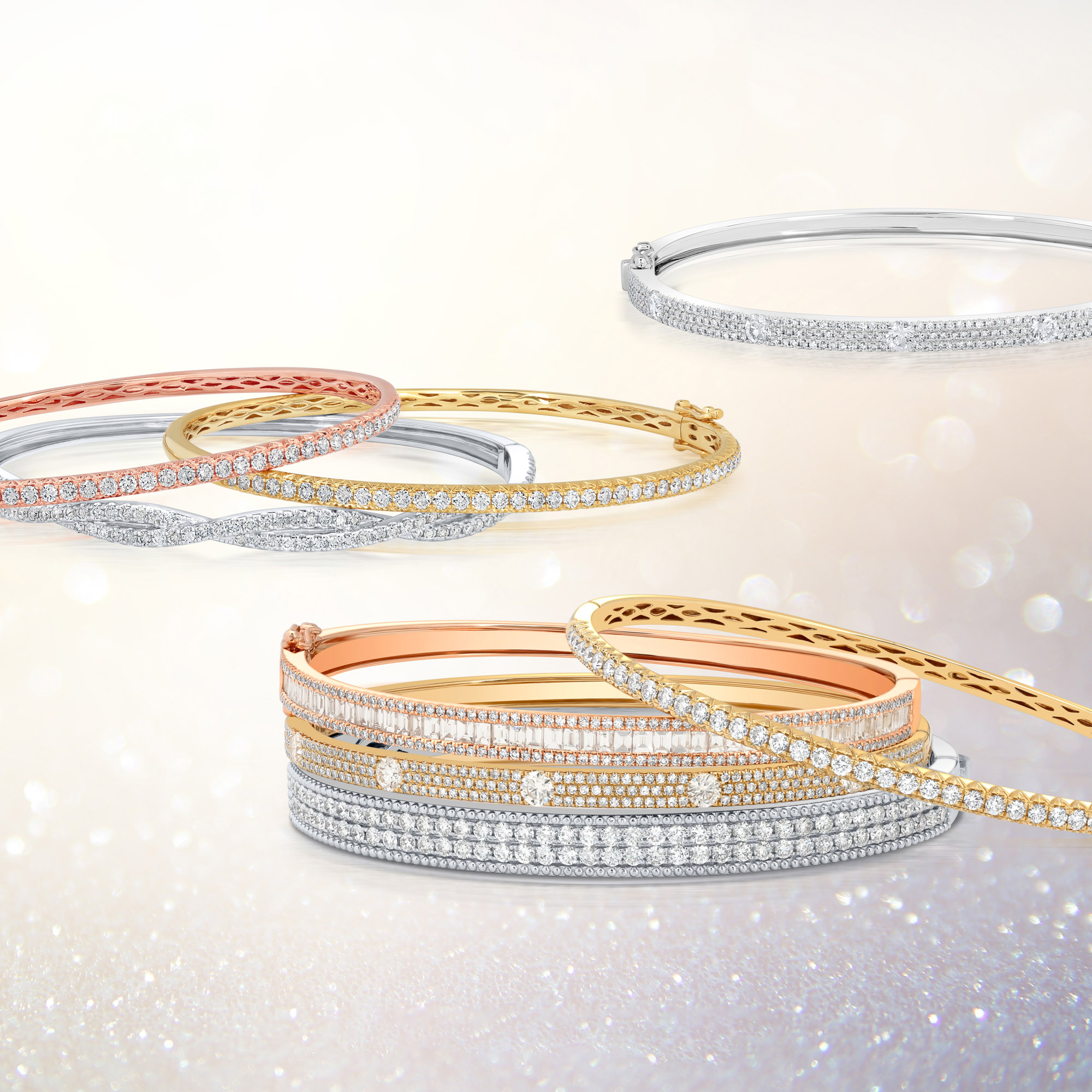 assortment of diamond bracelets studded with diamonds in white yellow and rose gold done by Expozme Photography a Los Angeles Based Product Photography eCommerce Photography Studio its all about great photography