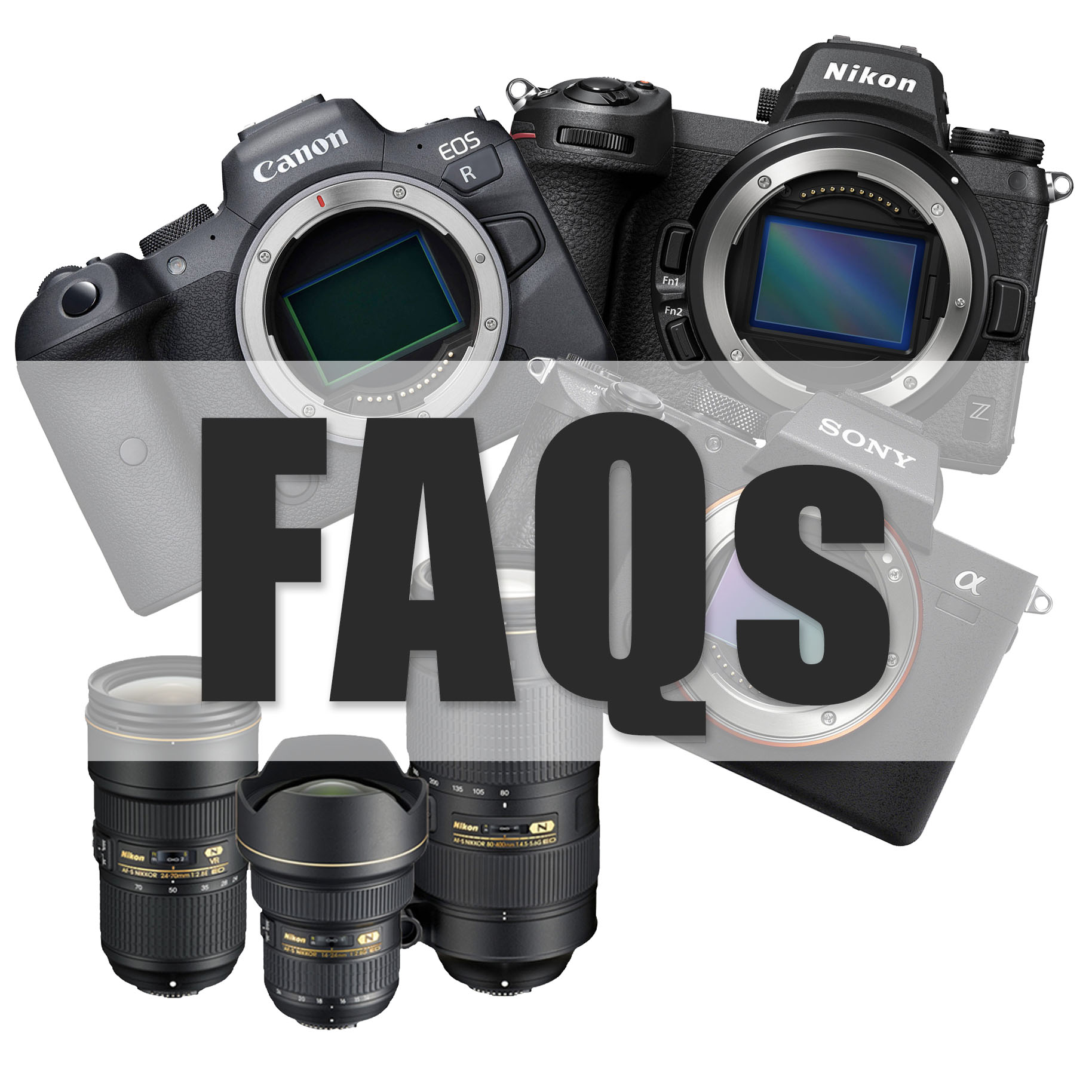 Expozme Photography Frequently Asked Questions Photo Art consisting of three cameras and three lenses with FAQ written on top and center of the photo.