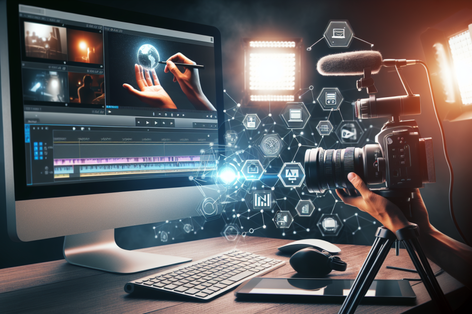 Image of a video camera with a professional microphone, lights and editing computer station depicting video production services at Expozme Photography
