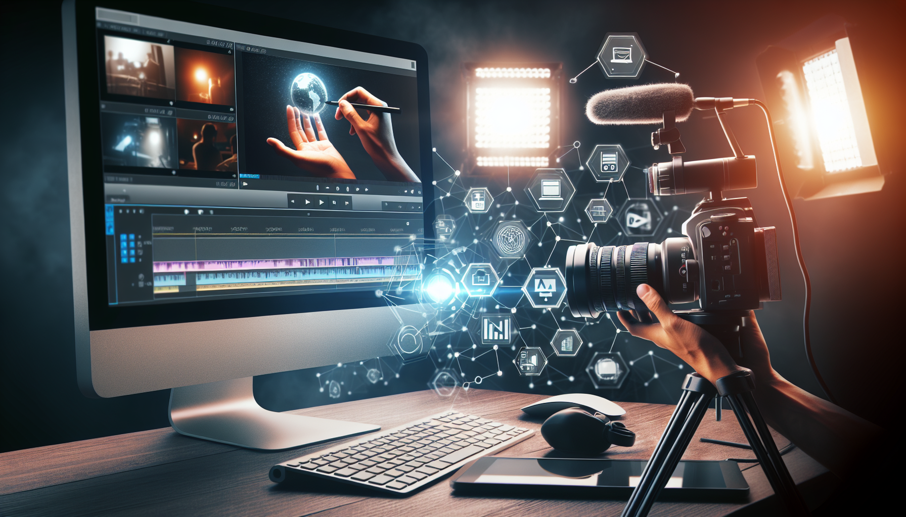 Image of a video camera with a professional microphone, lights and editing computer station depicting video production services at Expozme Photography